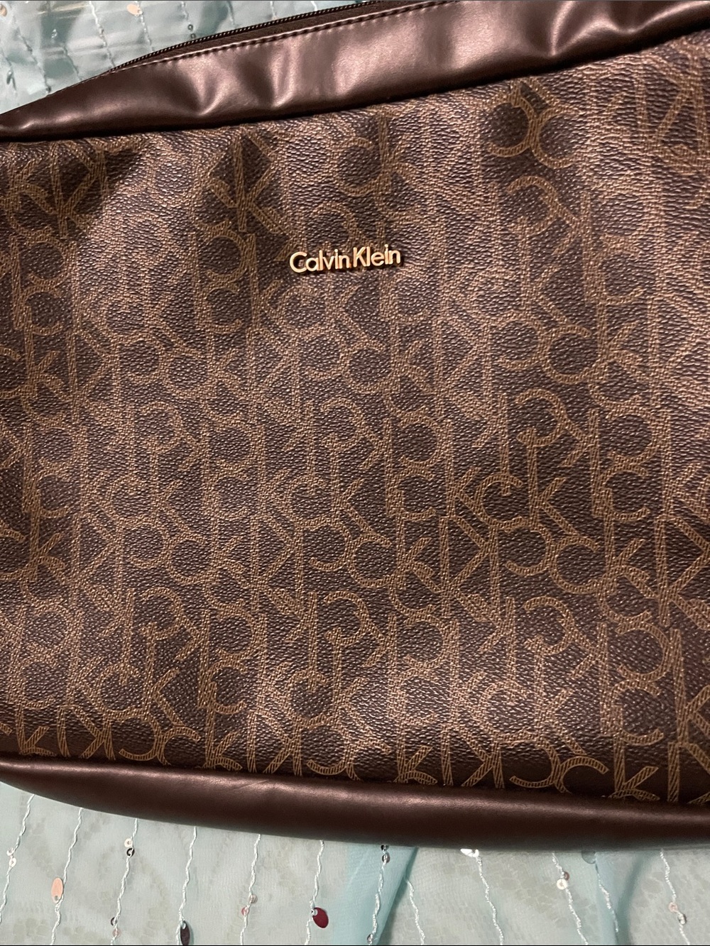 Calvin Klein Brown Monogram Messenger Bag with Gold Logo